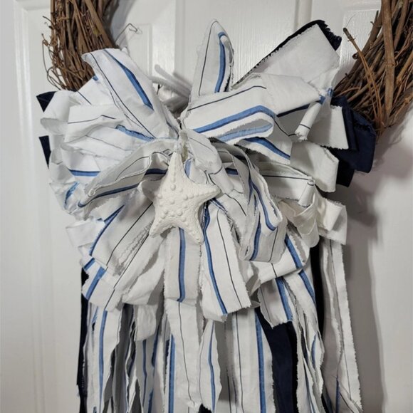 Beach Rag Bow, Starfish Rag Bow, Summer Coastal White/Blue Stripe Wreath Rag Bow - Picture 3 of 12